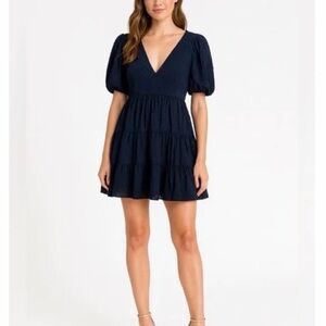 Abercrombie & Fitch Navy Puff-Sleeve V-Neck Tiered Mini Dress